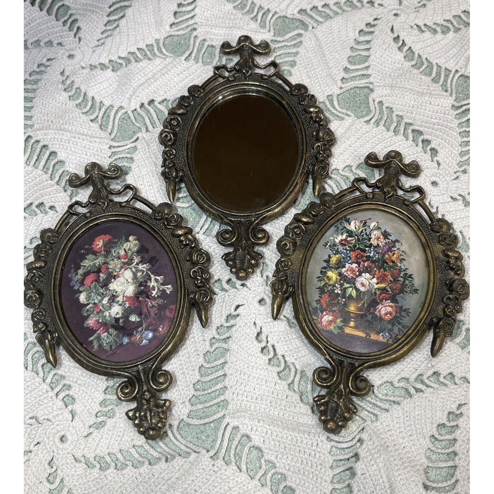 Vintage Victorian Brass Ornate Frames Floral Art and Mirrors Italy Set of 3